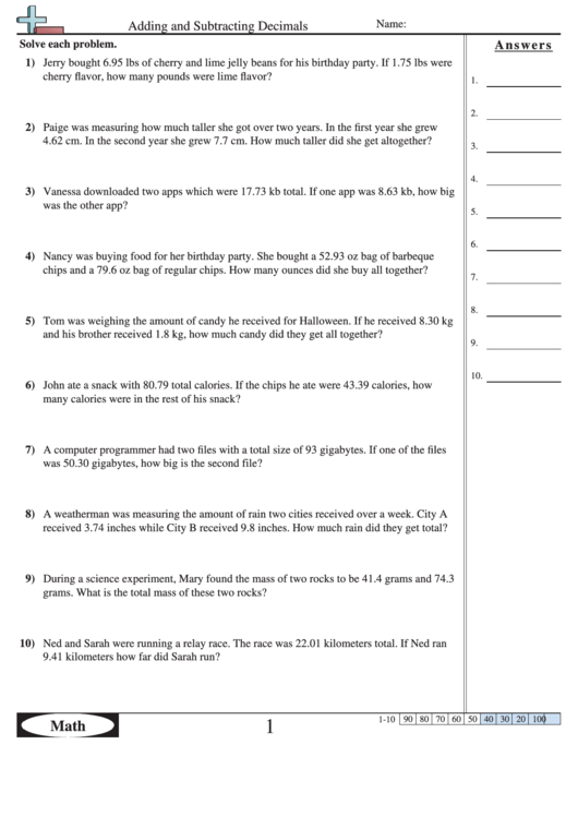 Adding And Subtracting Decimals Worksheet With Answer Key Printable pdf