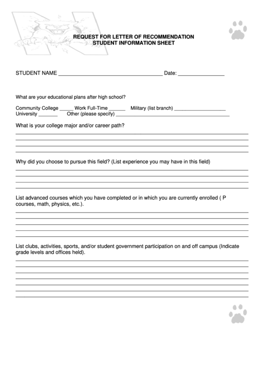 Request For Letter Of Recommendation Student Information Sheet Printable pdf