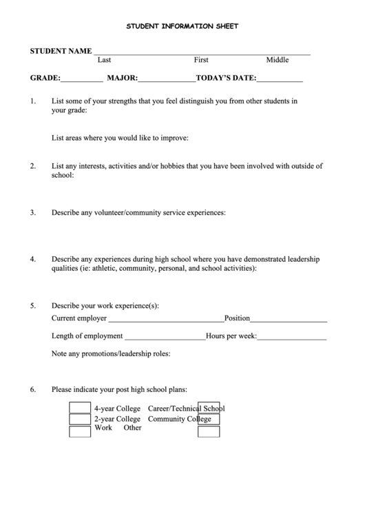 Cct Student Information Sheet Printable pdf