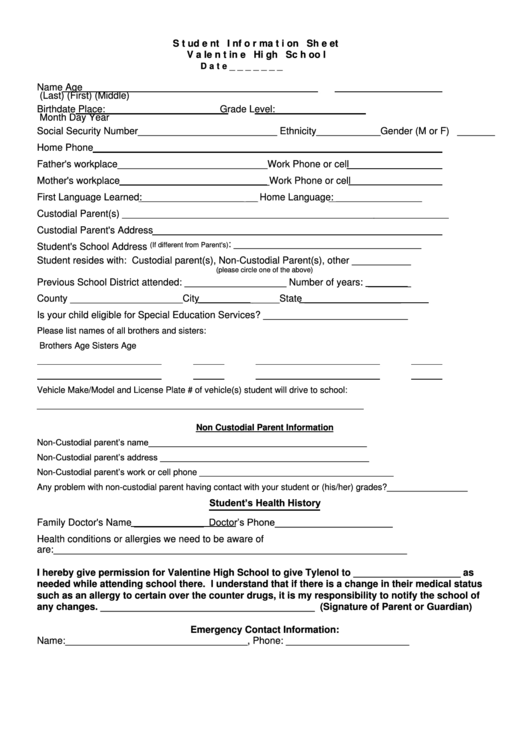 Sample High School Student Information Sheet Printable pdf