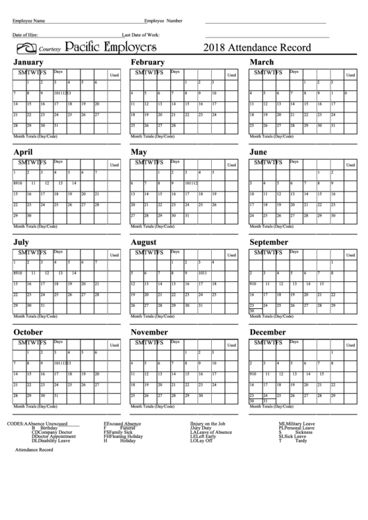 Attendance Record Calendar Template - Pacific Employers - 2018 Printable pdf