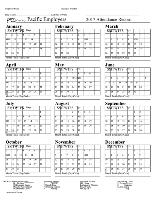 Attendance Record Calendar Template - Pacific Employers - 2017 Printable pdf