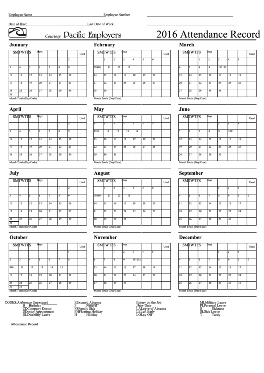 Attendance Record Calendar Template - Pacific Employers - 2016 Printable pdf