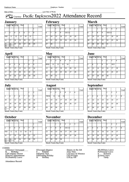 Attendance Record Calendar Template Pacific Employers 2022