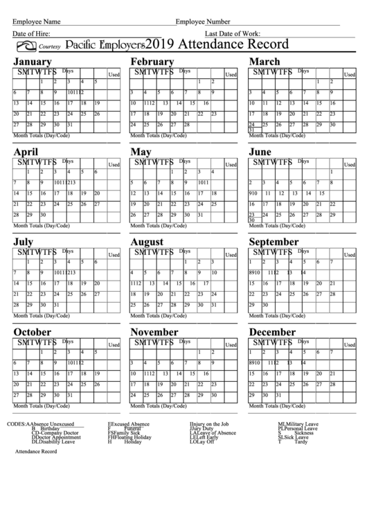 Attendance Record Calendar Template - Pacific Employers - 2019 Printable pdf