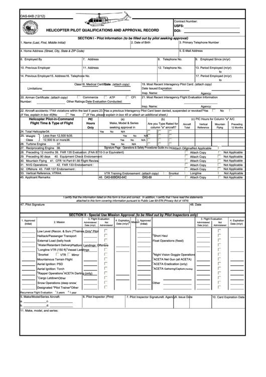 Fillable Us Forest Service - Helicopter Pilot Qualifications And Approval Record Printable pdf