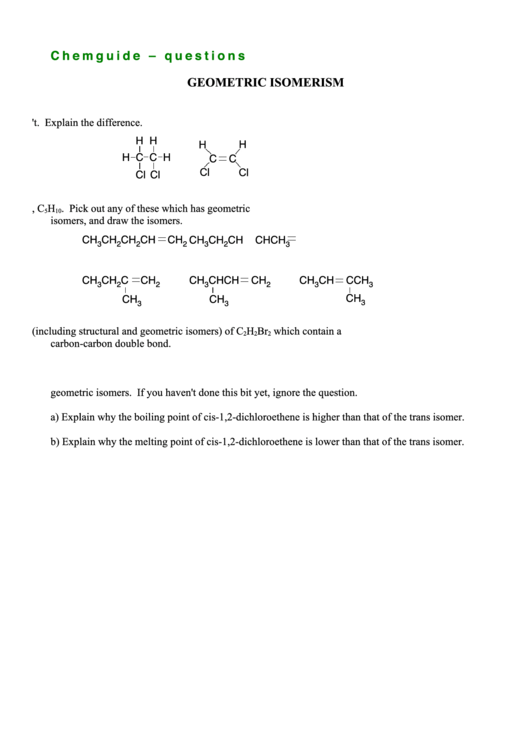Geometric Isomerism, Chemguide - Questions Printable pdf