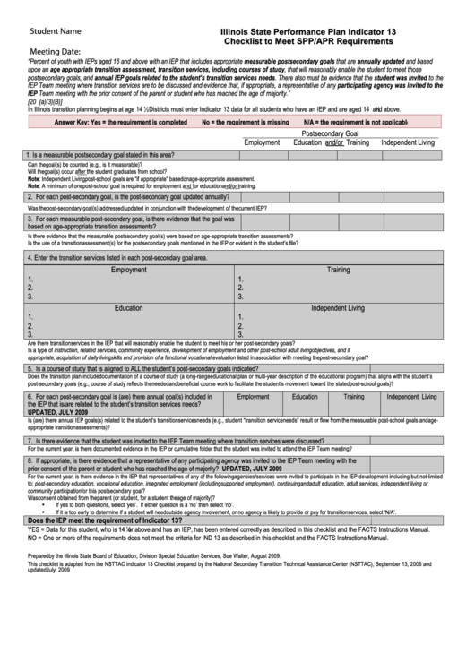 Illinois State Performance Plan Indicator 13 Checklist To Meet Spp/apr Requirements Printable pdf