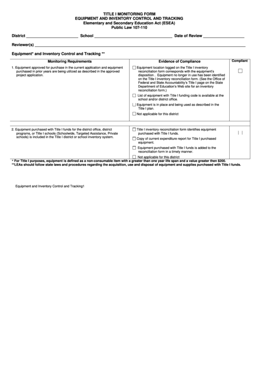 Title I Monitoring Form - Equipment And Inventory Control And Tracking Printable pdf