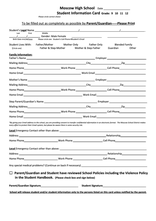 Student Information Sheet - Moscow School District Printable pdf