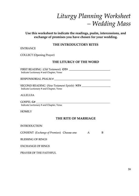 Liturgy Planning Worksheet - Wedding Mass Printable pdf