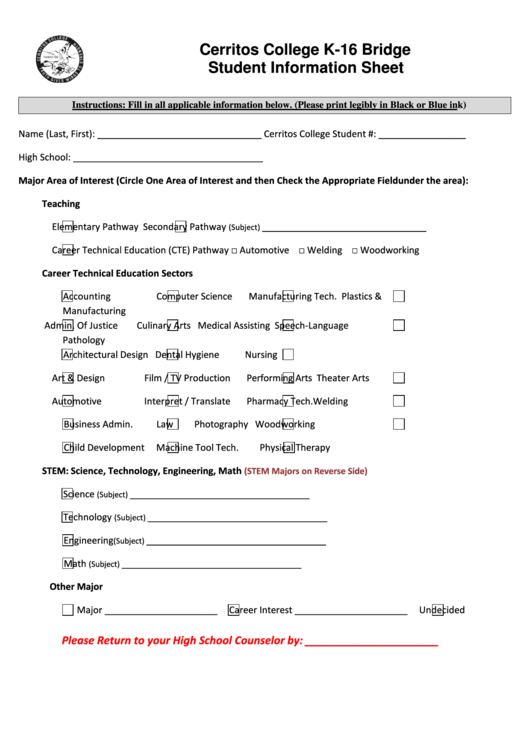 Cerritos College K16 Bridge Student Information Sheet Printable pdf