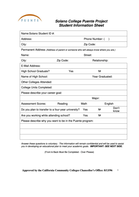 Student Information Sheet - Solano Community College Printable pdf