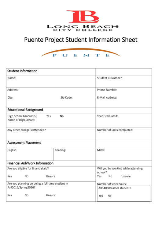 Puente Project Student Information Sheet Printable pdf