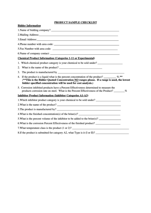 Product Sample Checklist Printable pdf