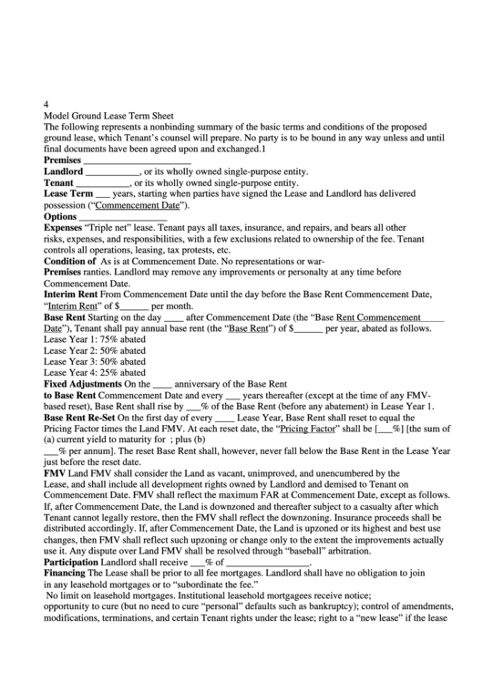 Model Ground Lease Term Sheet Printable pdf