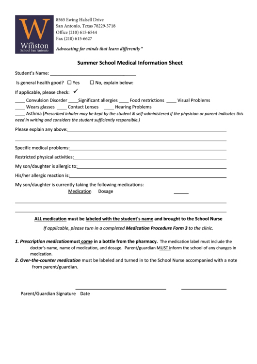 Fillable Summer School Medical Information Sheet Printable pdf