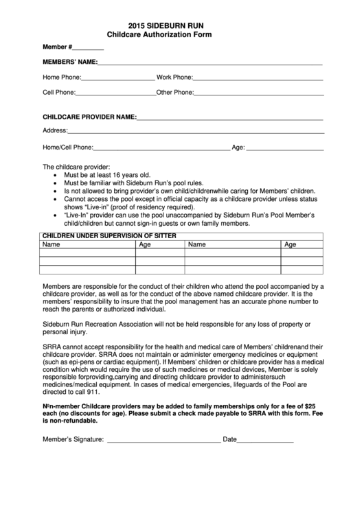2015 Sideburn Run Childcare Authorization Form Printable pdf