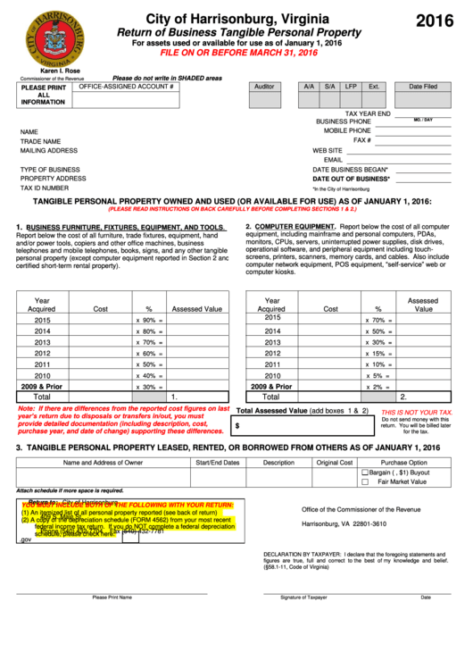 Return Of Business Tangible Personal Property Form - City Of Harrisonburg, Virginia Printable pdf