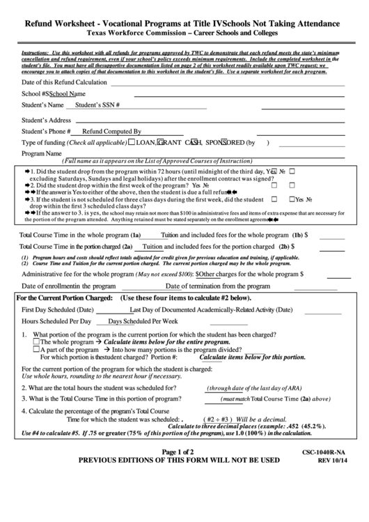 Form Csc-1040r-na - Refund Worksheet - Vocational Programs At Title Iv Schools Not Taking Attendance