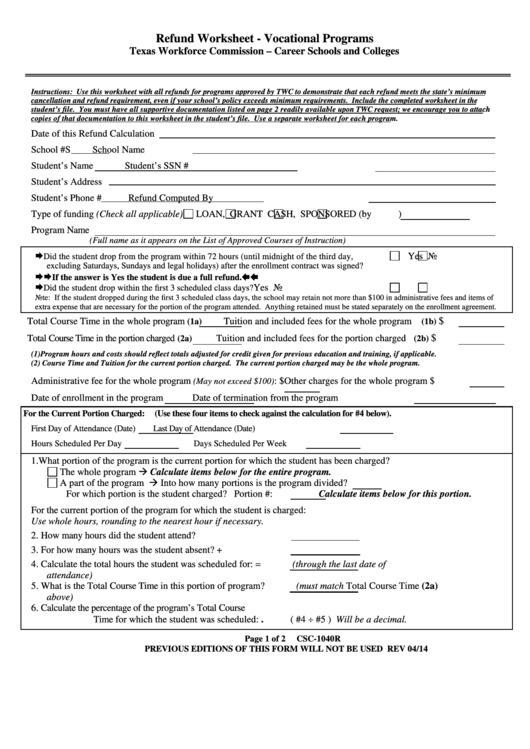 Fillable Form Csc-1040r - Refund Worksheet - Vocational Programs Printable pdf