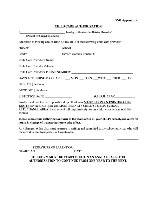 Transportation Child Care Authorization Form Printable pdf