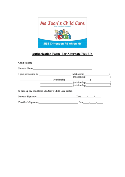 Authorization Form For Alternate Pick Up Printable pdf