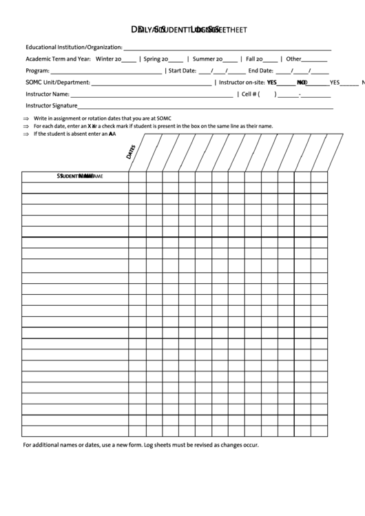 Daily Student Log Sheet Printable pdf