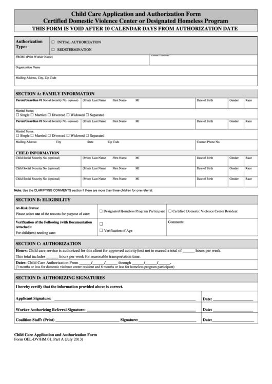 Fillable Child Care Application And Authorization Form Printable pdf