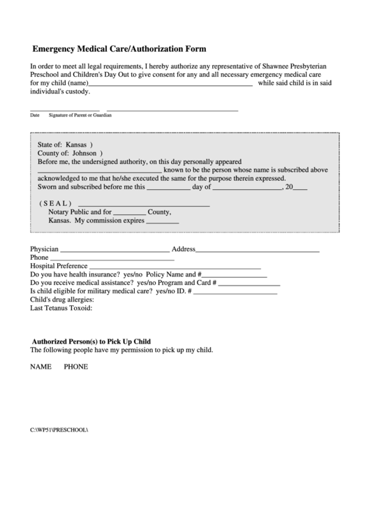 Emergency Medical Care Authorization Form Printable pdf