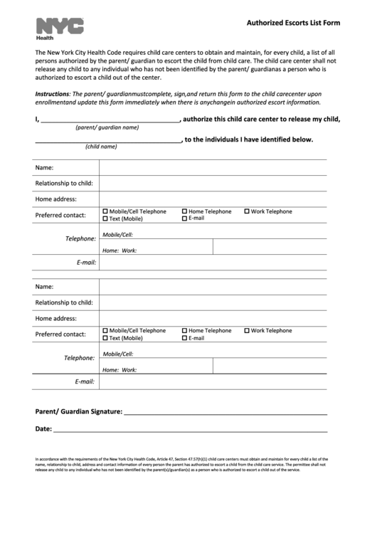 Fillable Authorized Escorts List Form Printable pdf