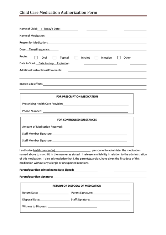 Child Care Medication Authorization Form Printable pdf