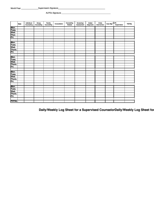 Daily/weekly Log Sheet For A Supervised Counselor Printable pdf