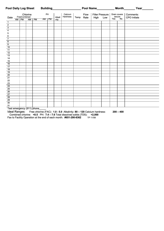 Pool Daily Log Sheet printable pdf download