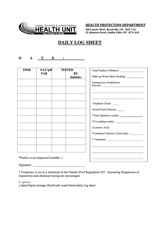 Daily Log Sheet Printable pdf