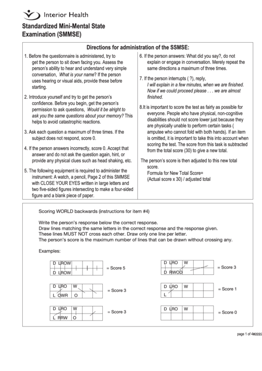 2011 Standardized Mini-Mental State Examination (Smmse) Form Printable pdf