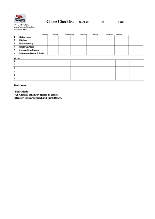 Weekly Chore Checklist Template Printable pdf