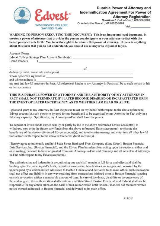 Durable Power Of Attorney And Indemnification Agreement For Power Of Attorney Registration Form - Wisconsin Printable pdf