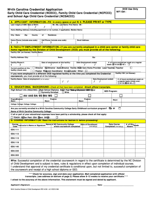 Nc Credential Application Form - Division Of Child Development Printable pdf