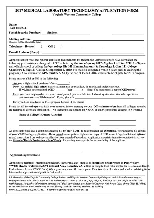 Application - Virginia Western Community College Printable pdf