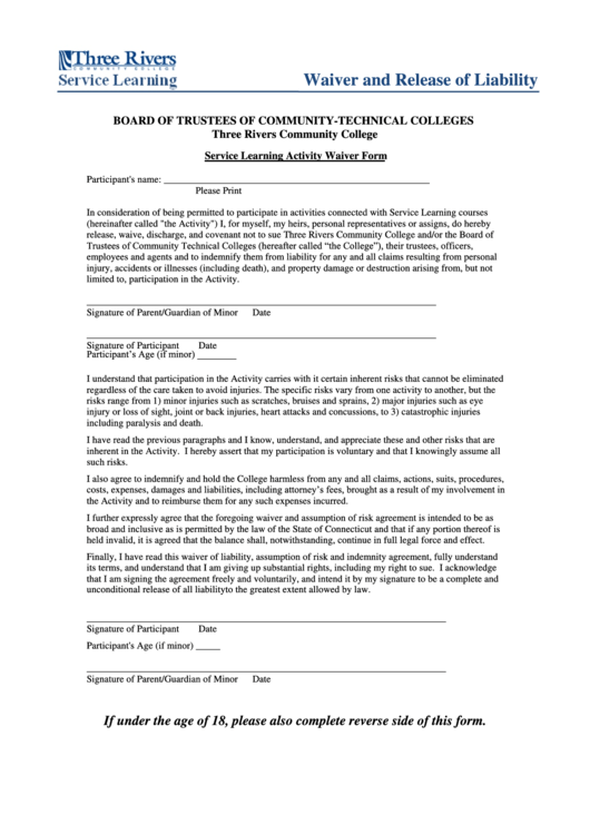 Waiver And Release Of Liability Form Printable pdf
