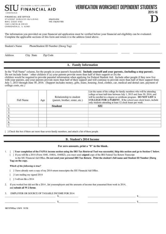 Fillable Dependent Verification Form - Financial Aid Office Printable pdf