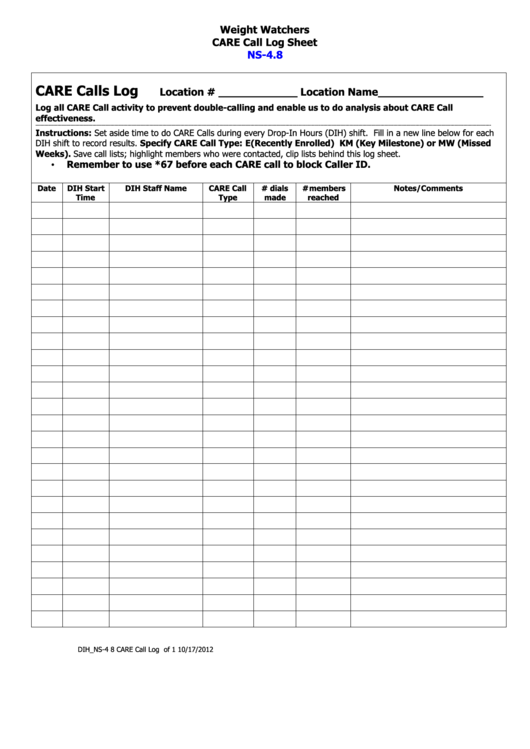 Weight Watchers Care Call Log Sheet Printable pdf