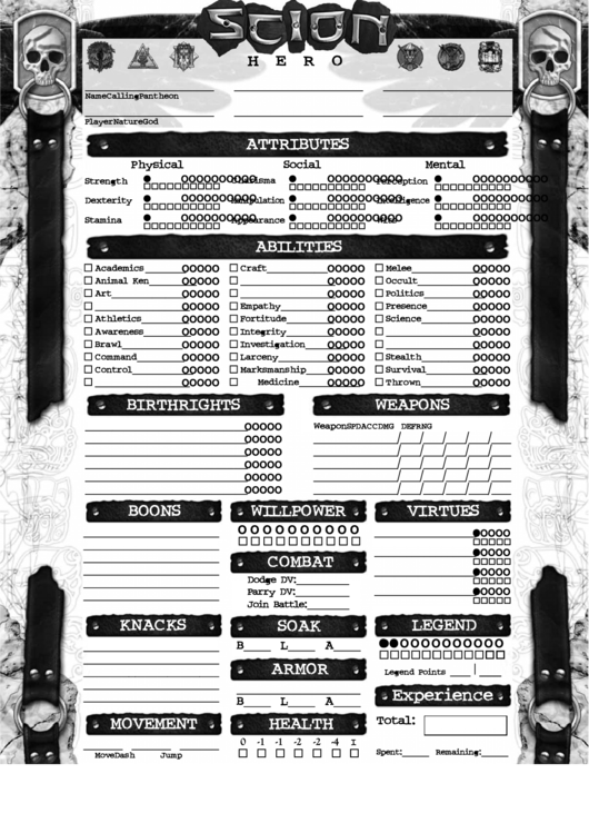 Scion Hero Character Sheet Printable pdf