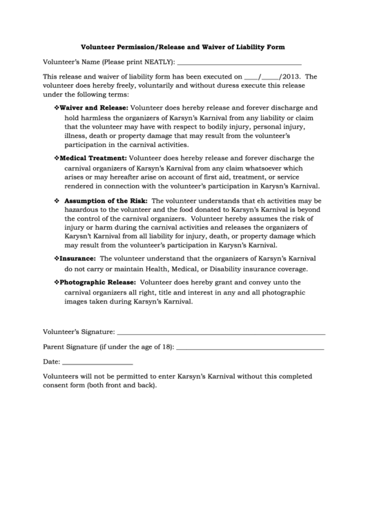 Volunteer Permission Release And Waiver Of Liability Form