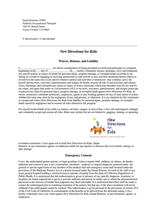 New Directions Waiver And Liability Form Printable pdf