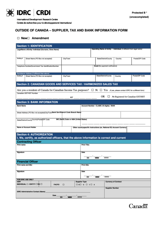 Fillable Outside Of Canada - Supplier, Tax And Bank Information Form Printable pdf
