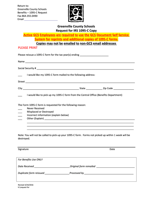 Fillable Request For 1095c Form - Greenville County Schools Printable pdf