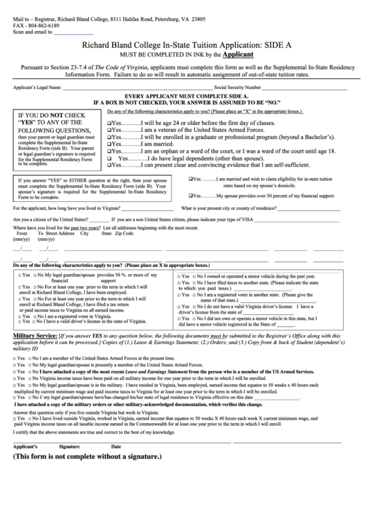 Richard Bland College In State Tuition Application Printable pdf