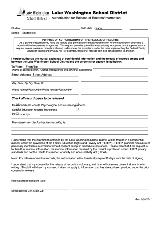 Authorization For Release Of Records Information Form Printable pdf